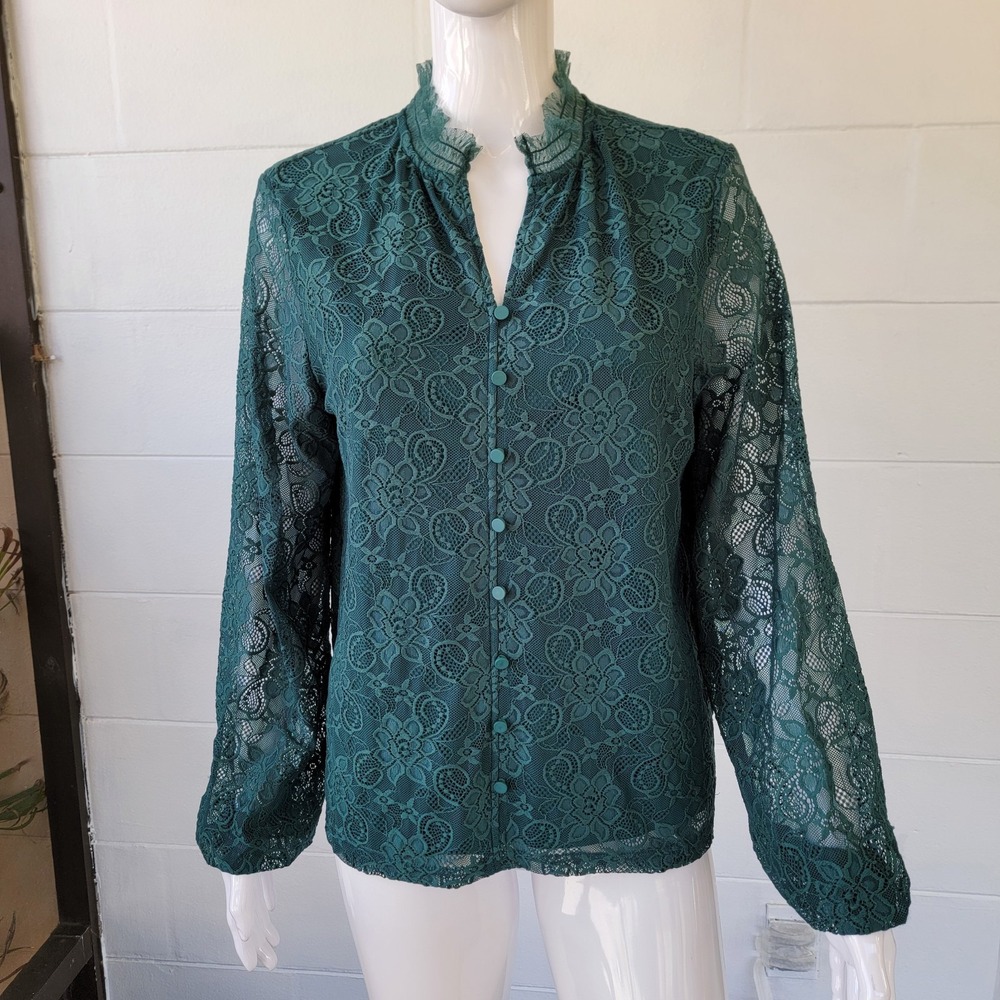 Calligraphie Hunter Green Lace Blouse Women M Long Sleeves Romantic Casual-Chic
